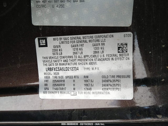 36080839 :رقم المزاد ، LRBFXCSA6LD212734 vin ، 2020 Buick Envision Essence مزاد بيع