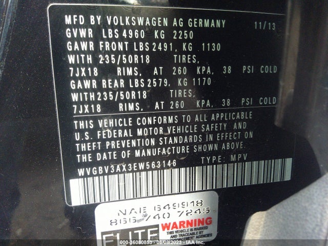 WVGBV3AX3EW563146 Volkswagen TIGUAN SE