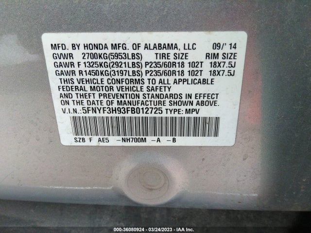 Honda Pilot Touring 2015 5FNYF3H93FB012725 Image 11