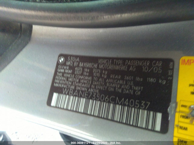 2006 BMW 5 SERIES 530I VIN: WBANE73506CM40537
