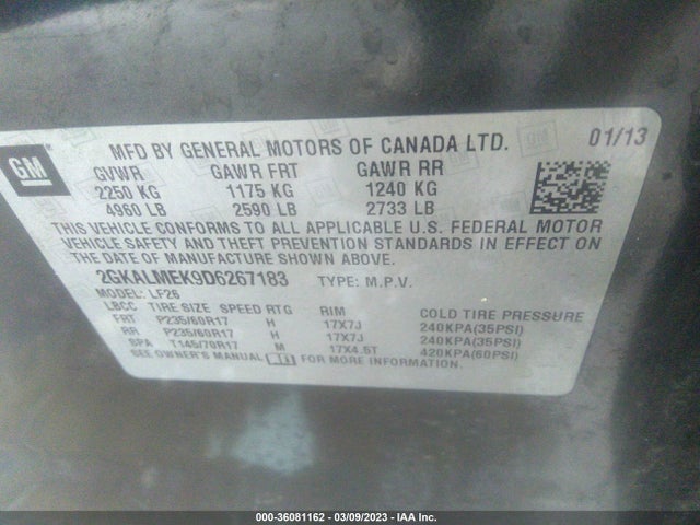 2013 GMC TERRAIN SLE VIN: 2GKALMEK9D6267183