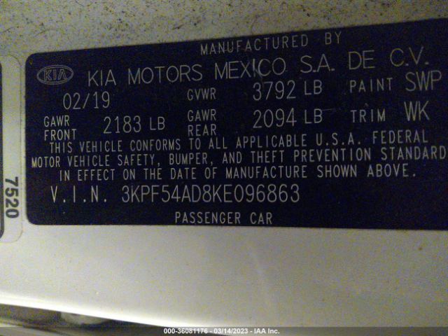 3KPF54AD8KE096863 KIA FORTE EX