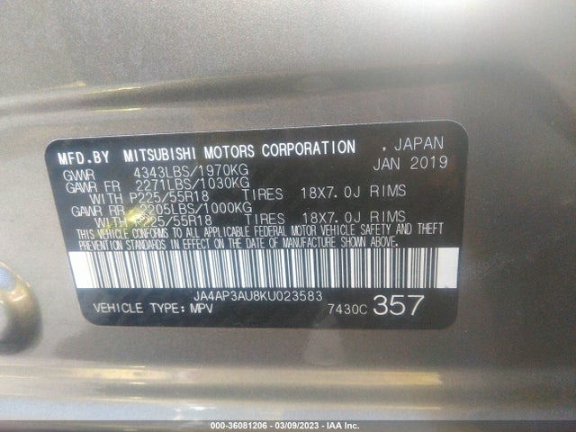 2019 MITSUBISHI OUTLANDER SPORT 2.0 VIN: JA4AP3AU8KU023583