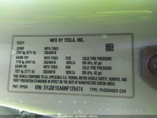 5YJ3E1EA6NF126474 Tesla MODEL 3