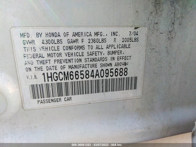 2004 HONDA ACCORD SDN EX VIN: 1HGCM66584A095688