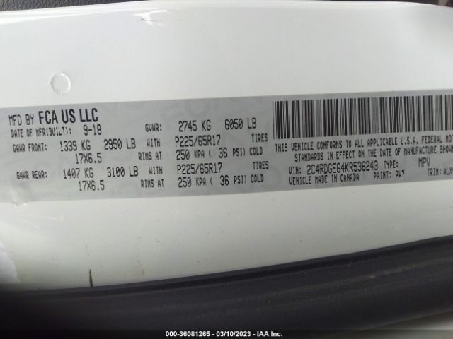 2C4RDGEG4KR536243 Dodge Grand Caravan Gt