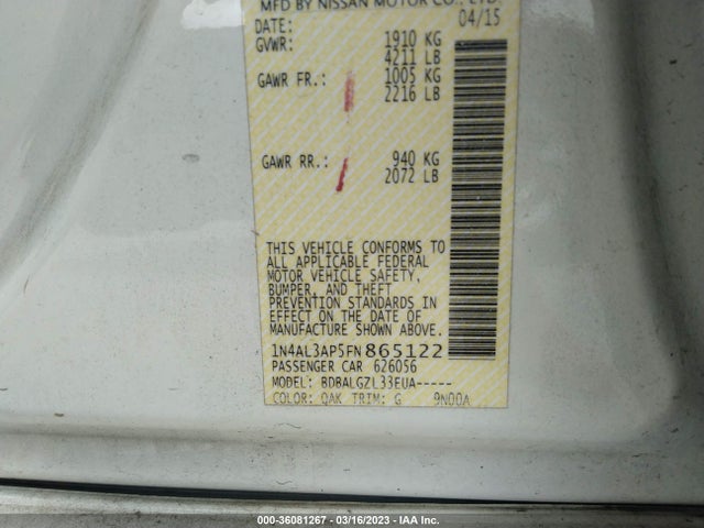 2015 NISSAN ALTIMA 2.5 VIN: 1N4AL3AP5FN865122