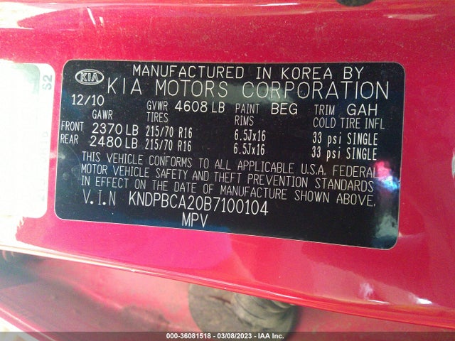 2011 KIA SPORTAGE LX VIN: KNDPBCA20B7100104