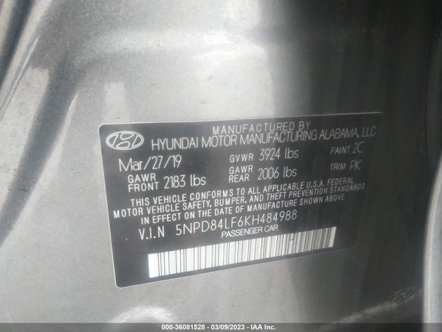 2019 HYUNDAI ELANTRA SEL VIN: 5NPD84LF6KH484988