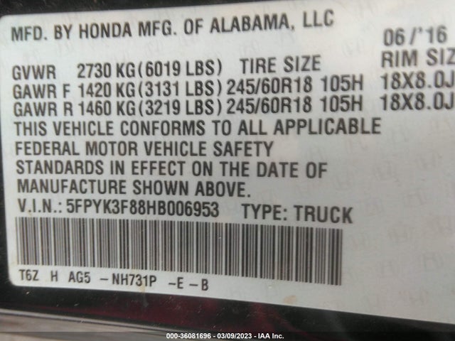 Honda Ridgeline Black Edition 2017 5FPYK3F88HB006953 Image 10