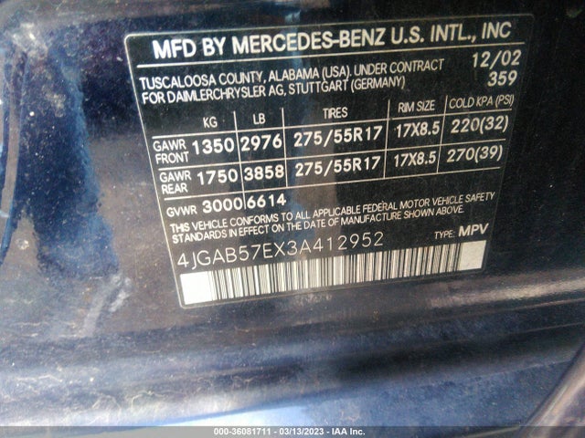 2003 MERCEDES-BENZ M-CLASS 3.7L VIN: 4JGAB57EX3A412952