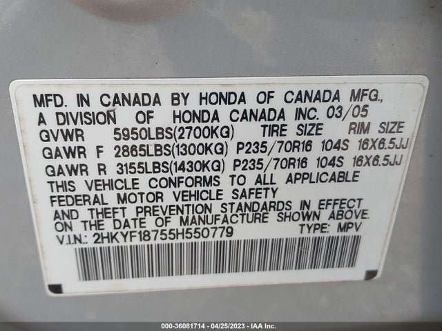 2005 HONDA PILOT EX-L WITH NAVI VIN: 2HKYF18755H550779