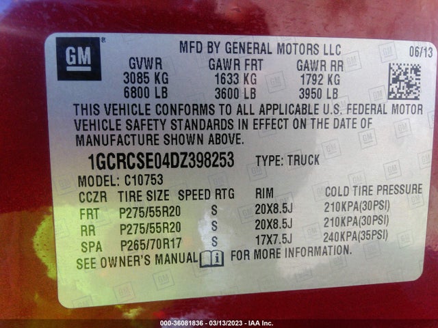 2013 CHEVROLET SILVERADO 1500 LT VIN: 1GCRCSE04DZ398253