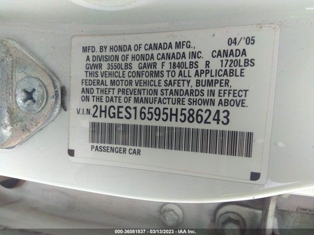 36081837 :رقم المزاد ، 2HGES16595H586243 vin ، 2005 Honda Civic Sdn Lx مزاد بيع