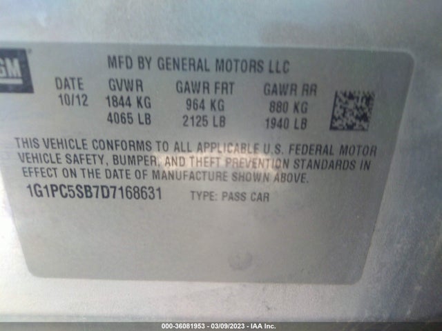 2013 CHEVROLET CRUZE 1LT VIN: 1G1PC5SB7D7168631