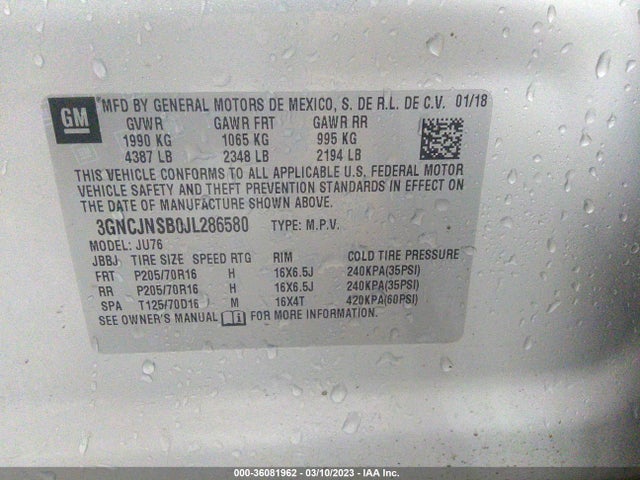 Chevrolet TRAX LS 2018 3GNCJNSB0JL286580 Image 10