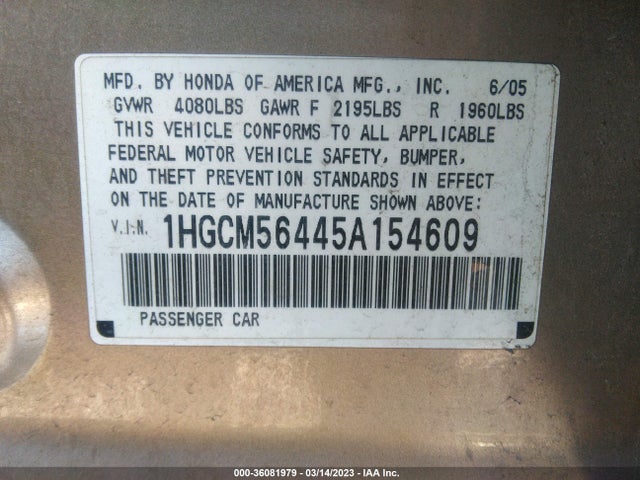 2005 HONDA ACCORD SDN LX VIN: 1HGCM56445A154609