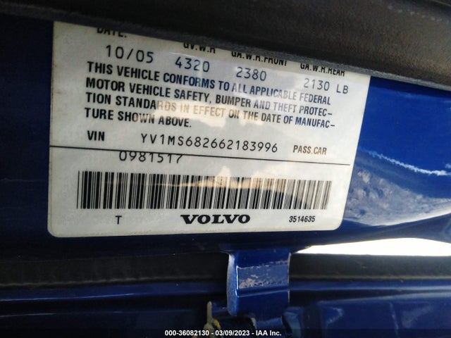 2006 VOLVO S40 2.5L TURBO VIN: YV1MS682662183996