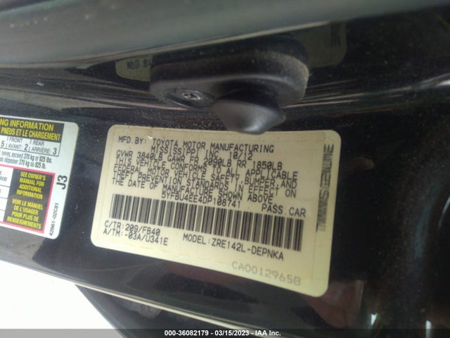 2013 TOYOTA COROLLA L/LE/S VIN: 5YFBU4EE4DP108741