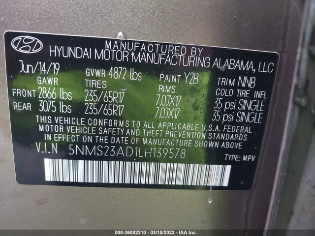 2020 HYUNDAI SANTA FE SE VIN: 5NMS23AD1LH139578