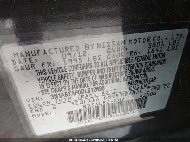 2013 NISSAN SENTRA SR VIN: 3N1AB7AP0DL612696