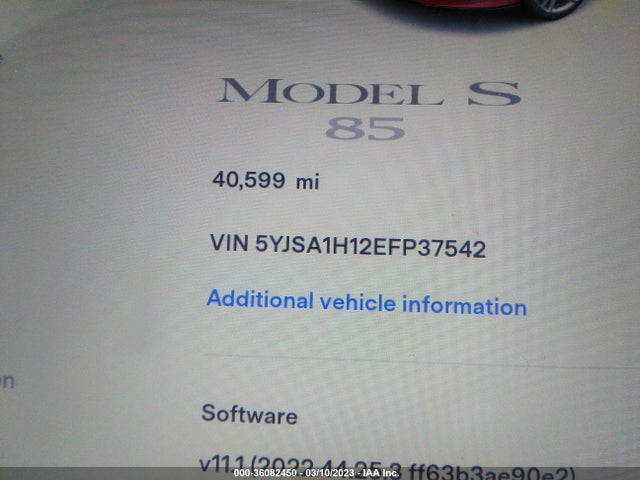 2014 TESLA MODEL S 60 KWH BATTERY/P85 VIN: 5YJSA1H12EFP37542