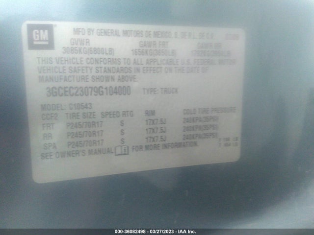2009 CHEVROLET SILVERADO 1500 LT VIN: 3GCEC23079G104000