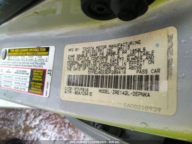 2013 TOYOTA COROLLA L/LE/S VIN: 5YFBU4EE9DP209418
