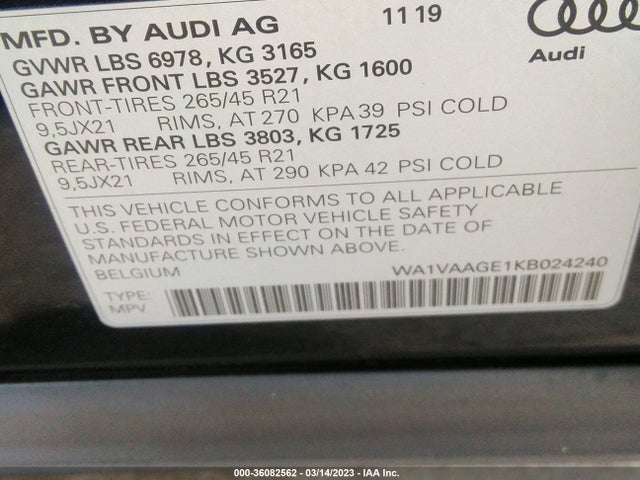 2019 Audi e-tron, VIN: WA1VAAGE1KB024240