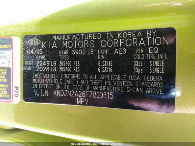 KNDJN2A26F7810315 KIA Soul Base