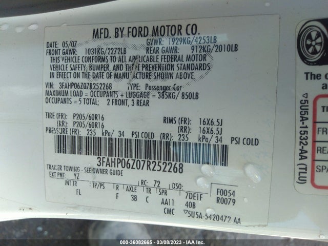 2007 FORD FUSION S VIN: 3FAHP06Z07R252268