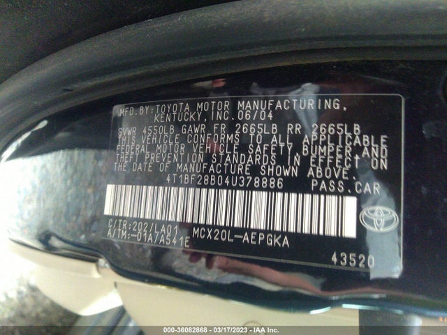 36082868 :رقم المزاد ، 4T1BF28B04U378886 vin ، 2004 Toyota Avalon Xl/xls مزاد بيع