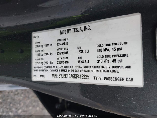 Tesla Model 3 Range 2019 5YJ3E1EA6KF416225 Image 9
