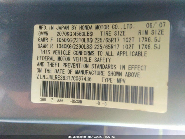 36083080 :رقم المزاد ، JHLRE38317C067436 vin ، 2007 Honda Cr-v Lx مزاد بيع