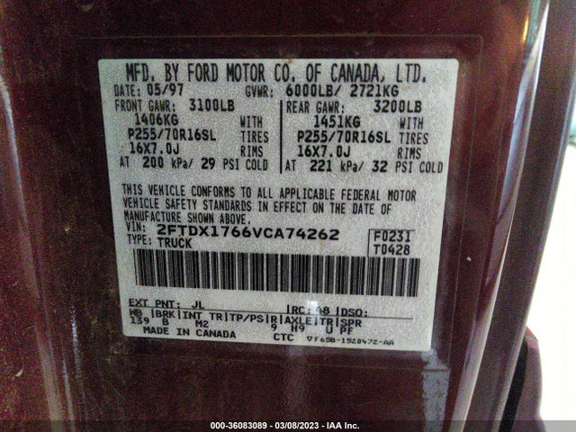 1997 FORD F-150 VIN: 2FTDX1766VCA74262