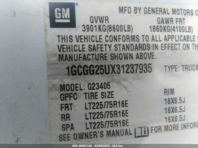 2003 CHEVROLET EXPRESS CARGO VAN VIN: 1GCGG25UX31237935