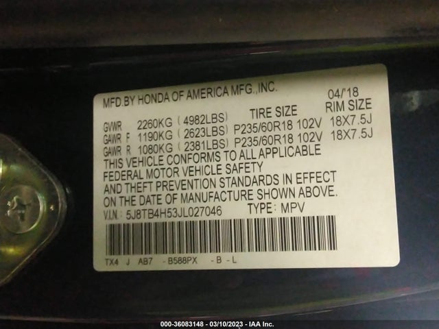 2018 Acura RDX, VIN: 5J8TB4H53JL027046