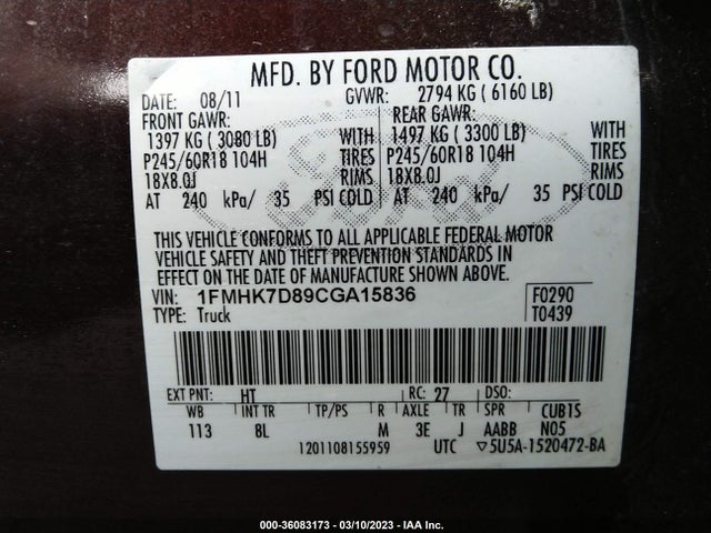 2012 FORD EXPLORER XLT VIN: 1FMHK7D89CGA15836