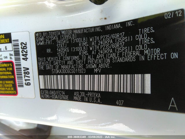 2012 TOYOTA SIENNA VIN: 5TDKA3DC6CS011923