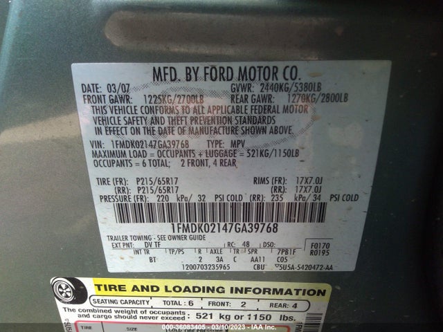 2007 FORD FREESTYLE SEL VIN: 1FMDK02147GA39768