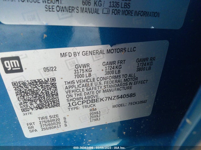 2022 CHEVROLET SILVERADO 1500 CUSTOM VIN: 1GCPDBEK7NZ540585