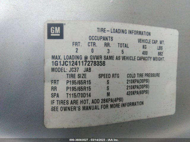 Chevrolet Cavalier 2001 1G1JC124117278358 Image 10