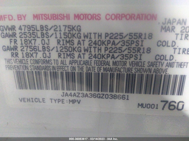 JA4AZ3A36GZ038661 Mitsubishi Outlander Se/sel/es