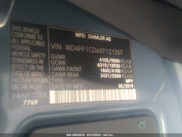 2019 MERCEDES-BENZ SPRINTER VAN VIN: WD4PF1CD6KP121357