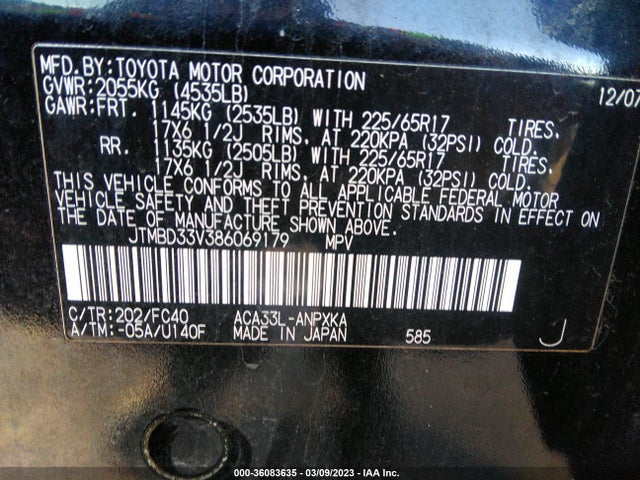 2008 TOYOTA RAV4 VIN: JTMBD33V386069179