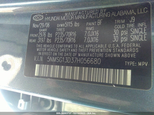 2007 HYUNDAI SANTA FE GLS VIN: 5NMSG13D37H056680