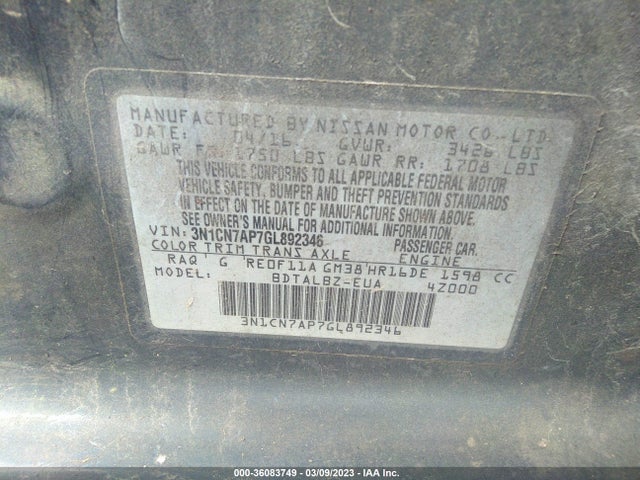 2016 NISSAN VERSA SV VIN: 3N1CN7AP7GL892346