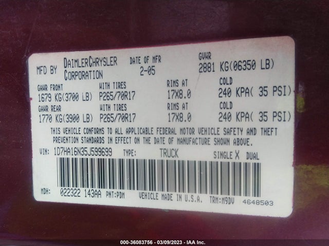 Dodge Ram 1500 Slt 2005 1D7HA16N35J599699 Image 10