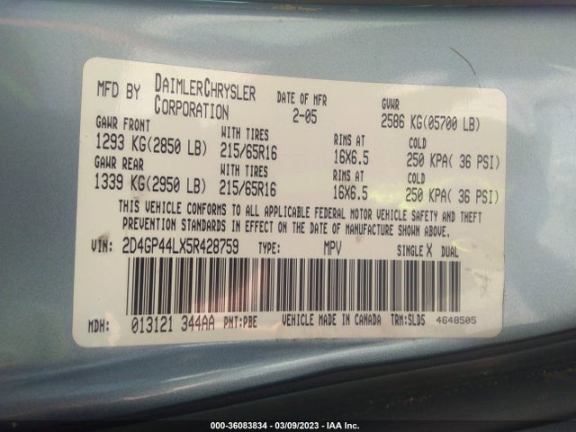 Dodge Grand Caravan Sxt 2005 2D4GP44LX5R428759 Image 11