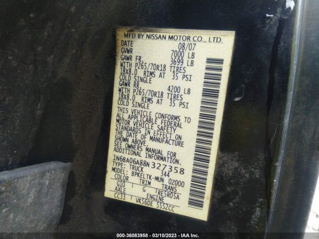 2008 NISSAN TITAN SE VIN: 1N6BA06A88N327358